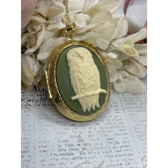 Ylw Gold Photo Locket Necklace Birthday Gift Green Owl Barn Tree Hoot Fall Mom - Picture 6 of 10